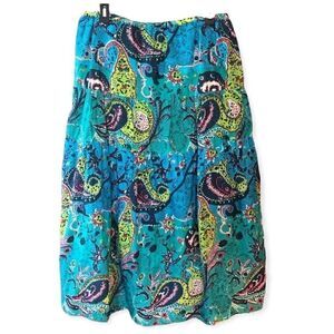 Kaktus L BOHO Green Paisley Cotton Gauze Midi Casual Work Date Night Skirt